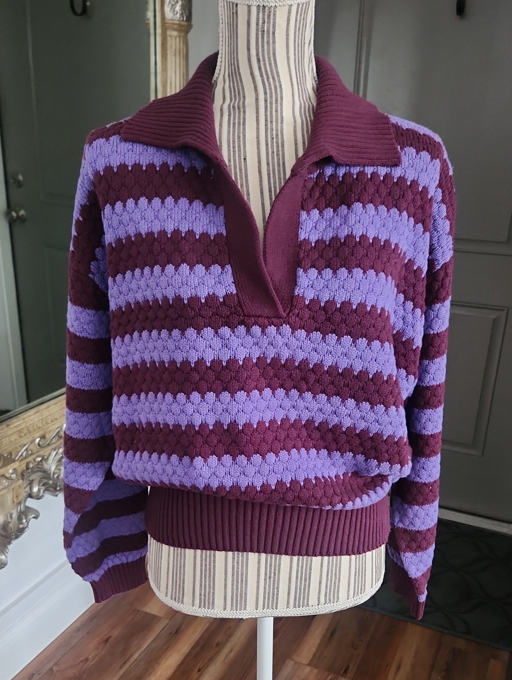 Blue Blush Striped Purple & Plum Collared Knit Sweater